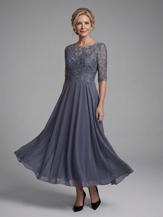Mila | Lace Bodice Sheer Sleeve Midi Dress