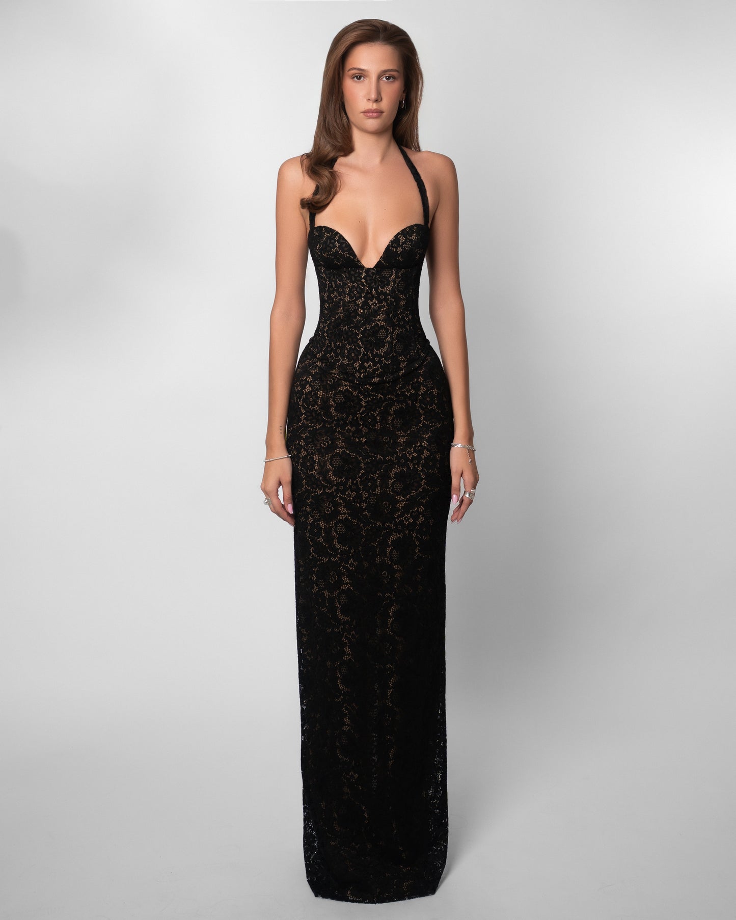 Monique Lace Halter Corset Maxi Dress