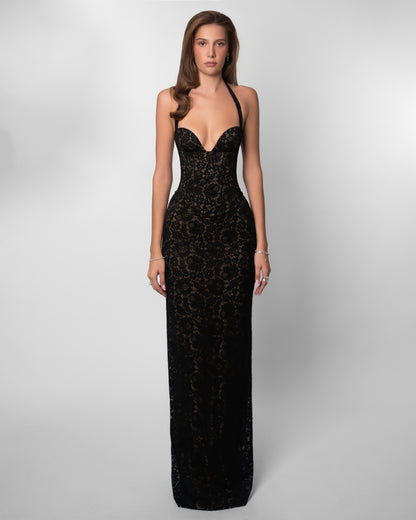Monique Lace Halter Corset Maxi Dress