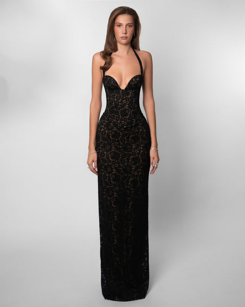 Monique Lace Halter Corset Maxi Dress
