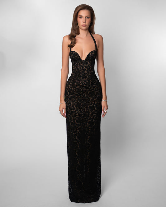 Monique Lace Halter Corset Maxi Dress