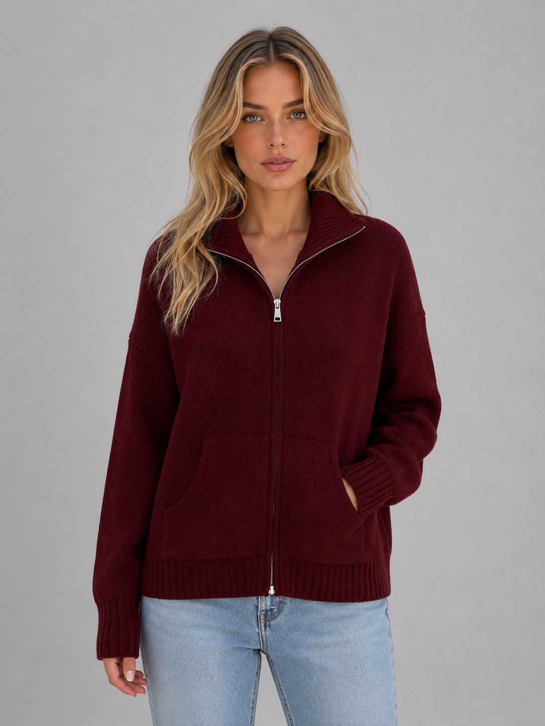 Muriel | Gilet en maille à col cheminée zippé