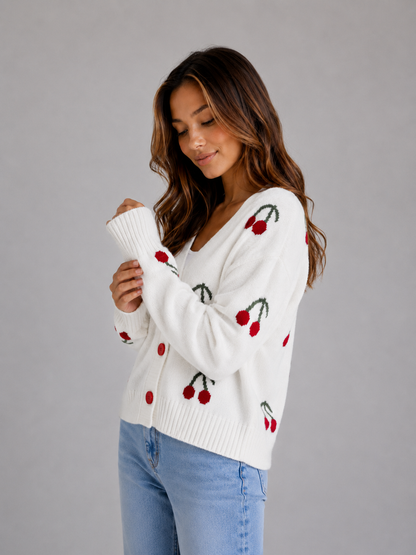Nadine | Cárdigan con estampado de cerezas y botones delanteros
