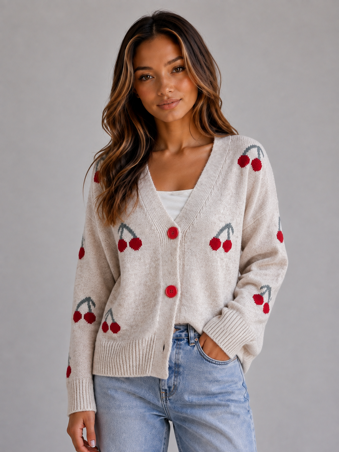 Nadine | Cárdigan con estampado de cerezas y botones delanteros