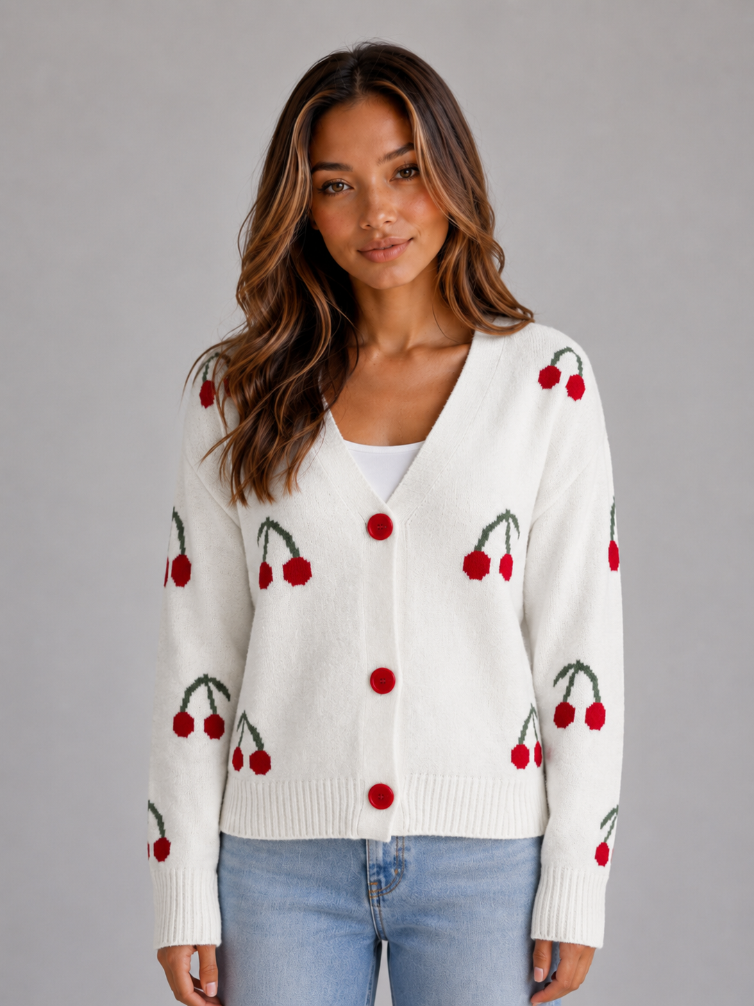 Nadine | Cárdigan con estampado de cerezas y botones delanteros