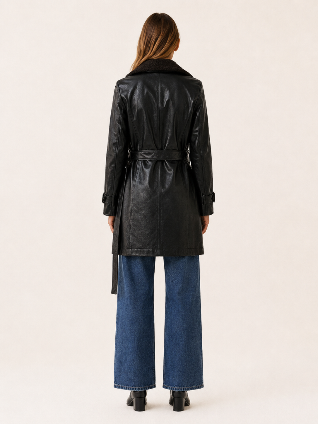 Naomi | Double Breasted Faux Leather Long Trench Coat