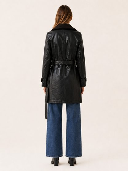 Naomi | Double Breasted Faux Leather Long Trench Coat