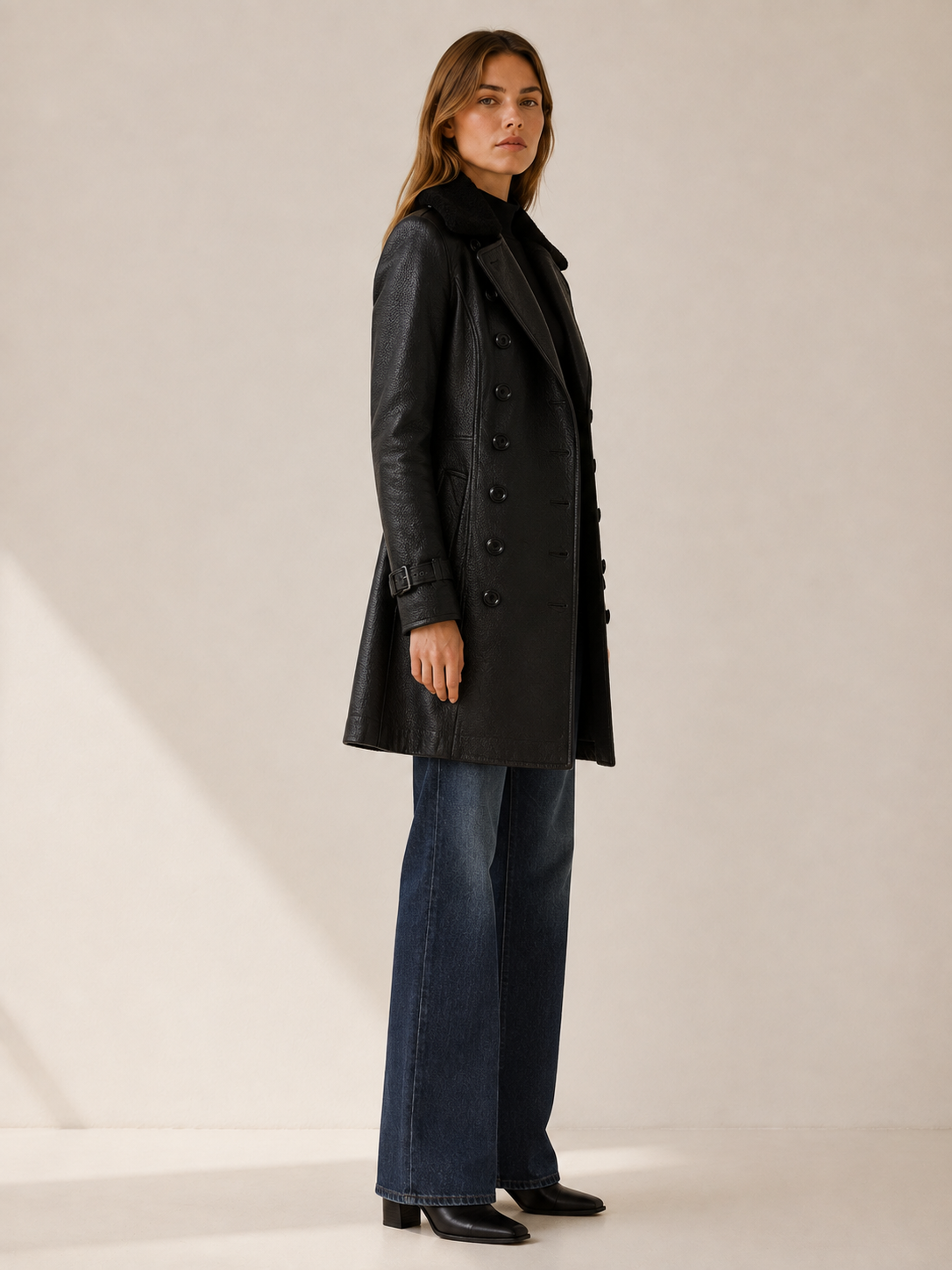 Naomi | Double Breasted Faux Leather Long Trench Coat