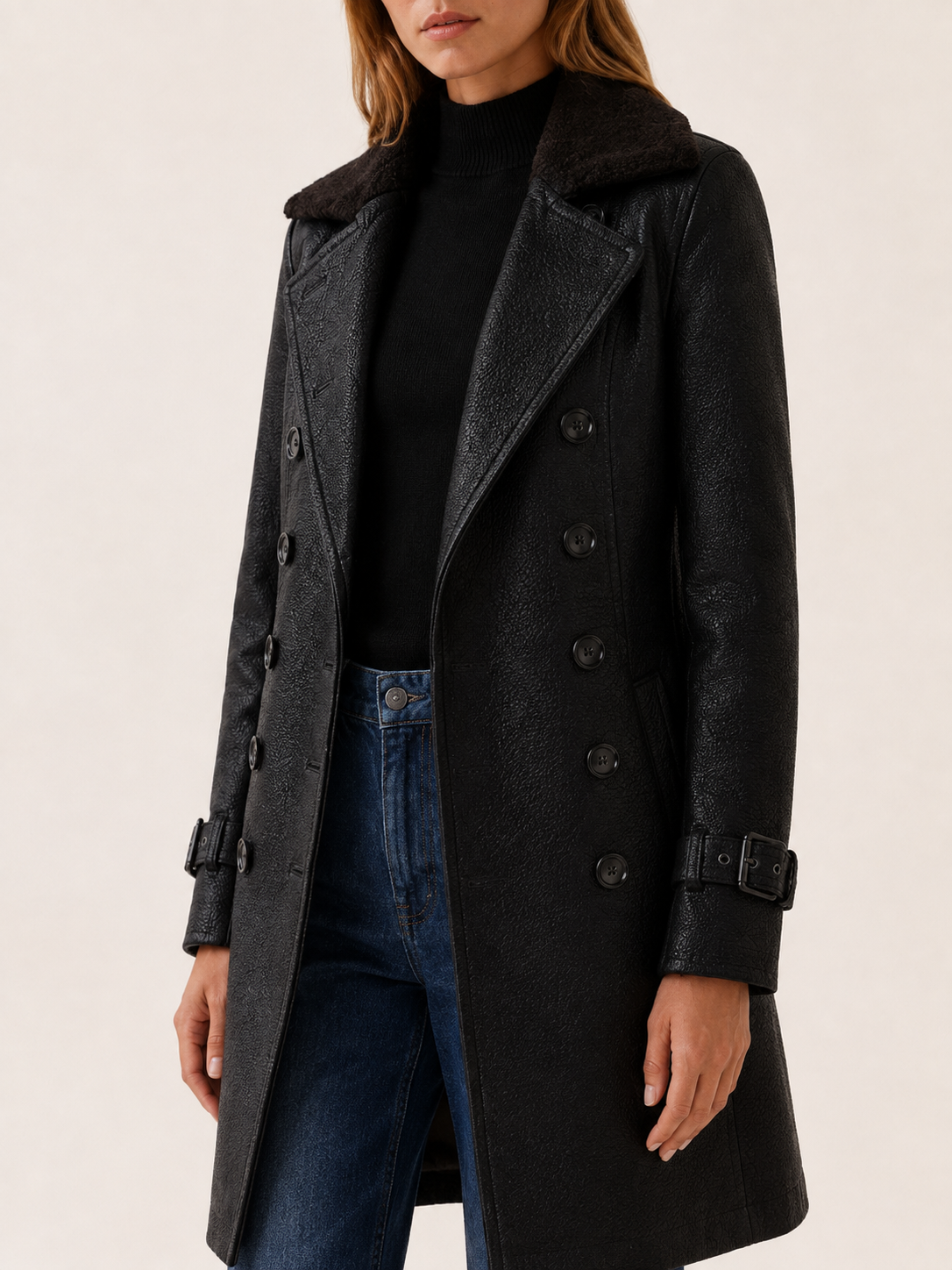 Naomi | Double Breasted Faux Leather Long Trench Coat