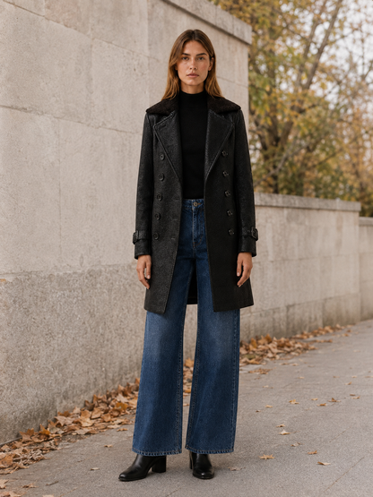 Naomi | Double Breasted Faux Leather Long Trench Coat