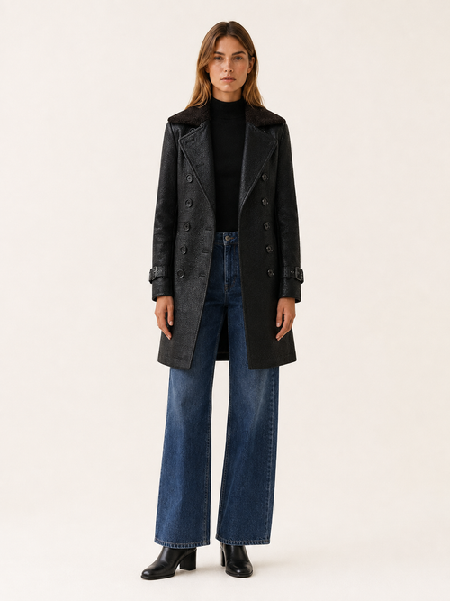 Naomi | Double Breasted Faux Leather Long Trench Coat