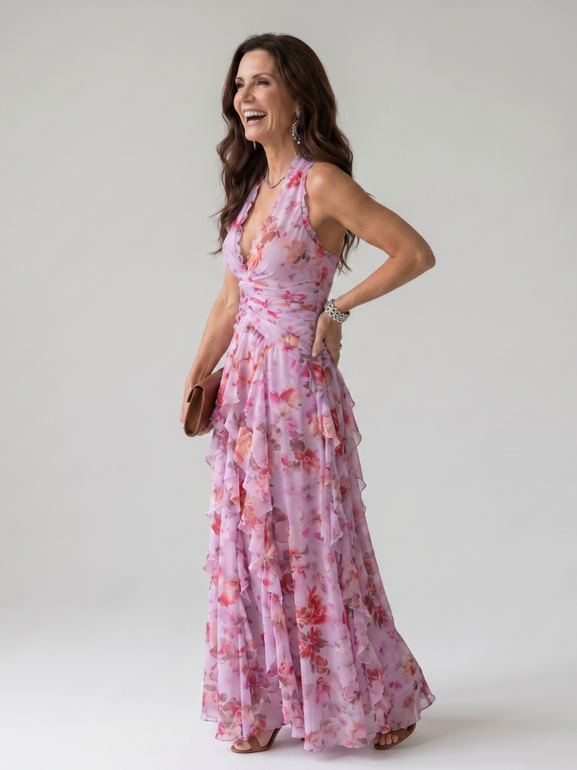 Nicole | Halter Neck Ruched Bodice Floral Maxi Dress