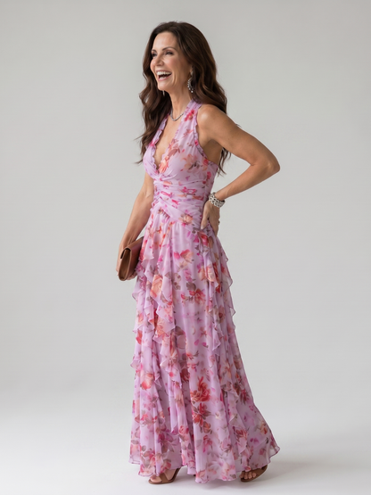 Nicole | Halter Neck Ruched Bodice Floral Maxi Dress