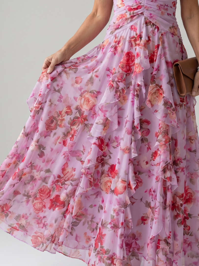 Nicole | Halter Neck Ruched Bodice Floral Maxi Dress