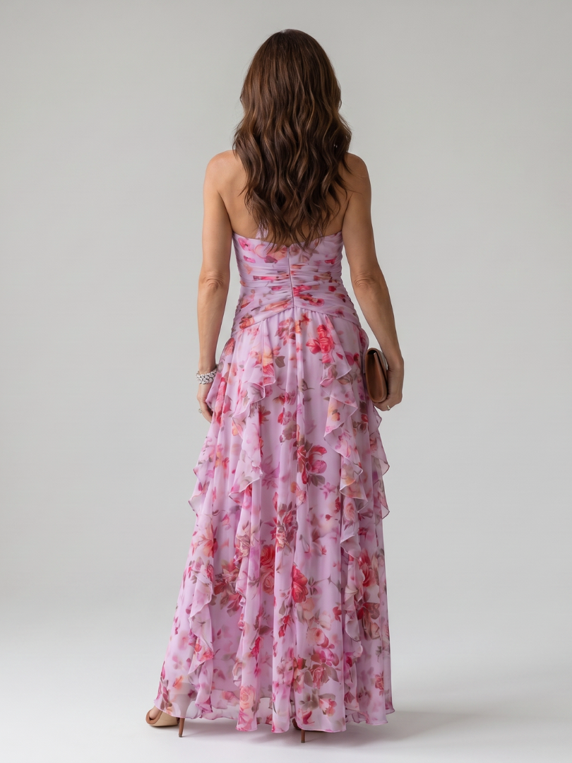 Nicole | Halter Neck Ruched Bodice Floral Maxi Dress
