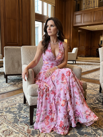 Nicole | Halter Neck Ruched Bodice Floral Maxi Dress