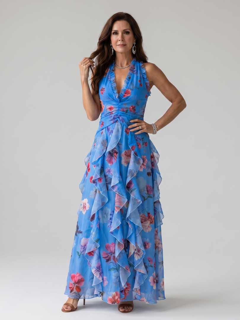 Nicole | Halter Neck Ruched Bodice Floral Maxi Dress