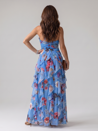Nicole | Halter Neck Ruched Bodice Floral Maxi Dress