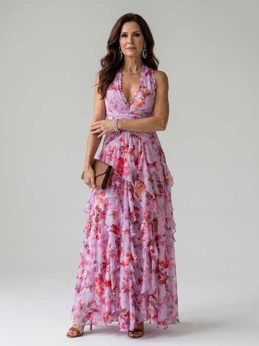 Nicole | Halter Neck Ruched Bodice Floral Maxi Dress