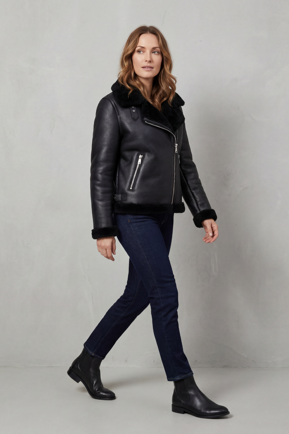 Noirelle | Asymmetric Zip Shearling Jacket
