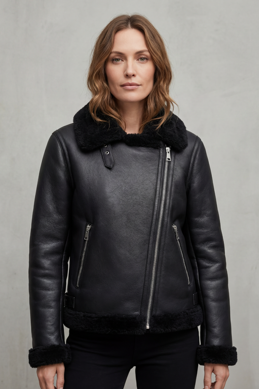 Noirelle | Asymmetric Zip Shearling Jacket