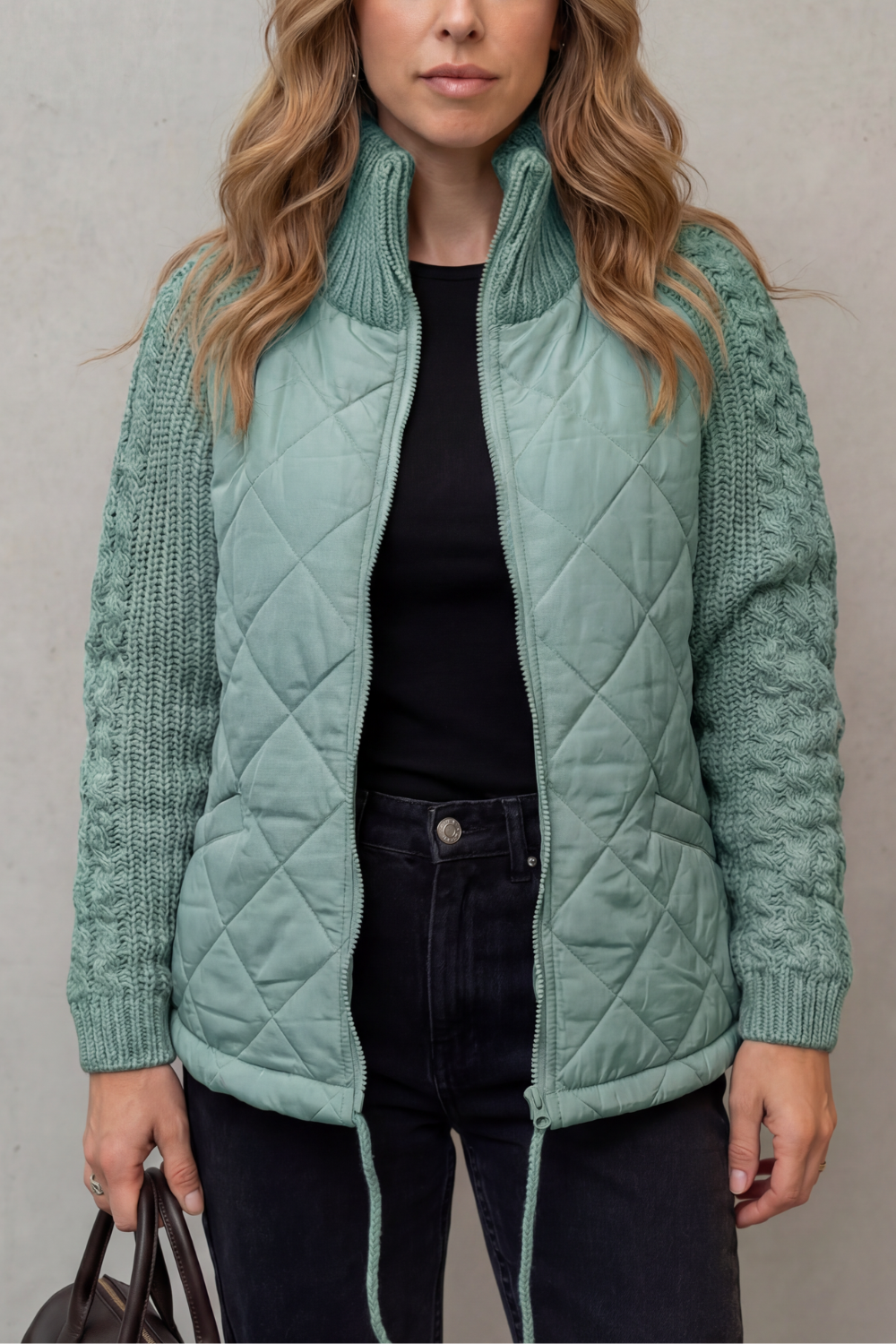 Norcetta | Quilted Cable Knit Sleeve Zip Up Jacket
