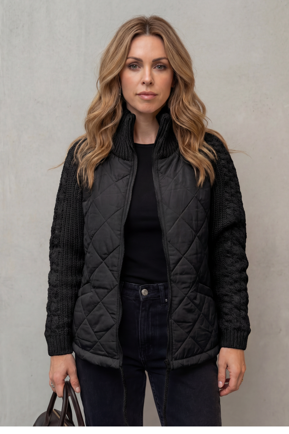Norcetta | Quilted Cable Knit Sleeve Zip Up Jacket