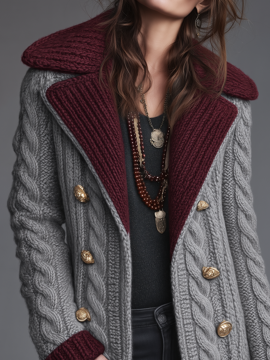 Norma | Abrigo de punto trenzado con cuello en contraste