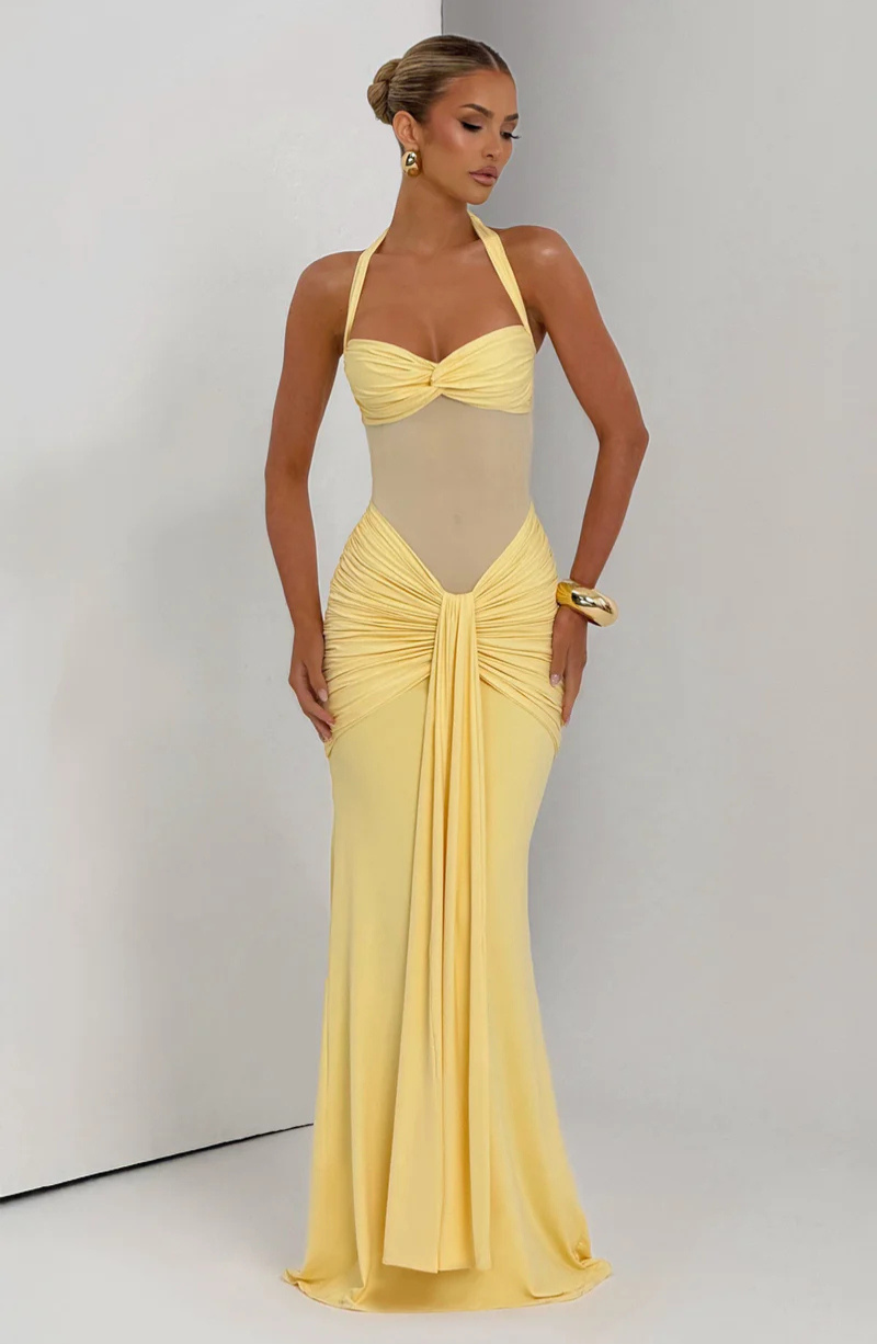 Riley Mesh Halter Ruched Maxi Dress