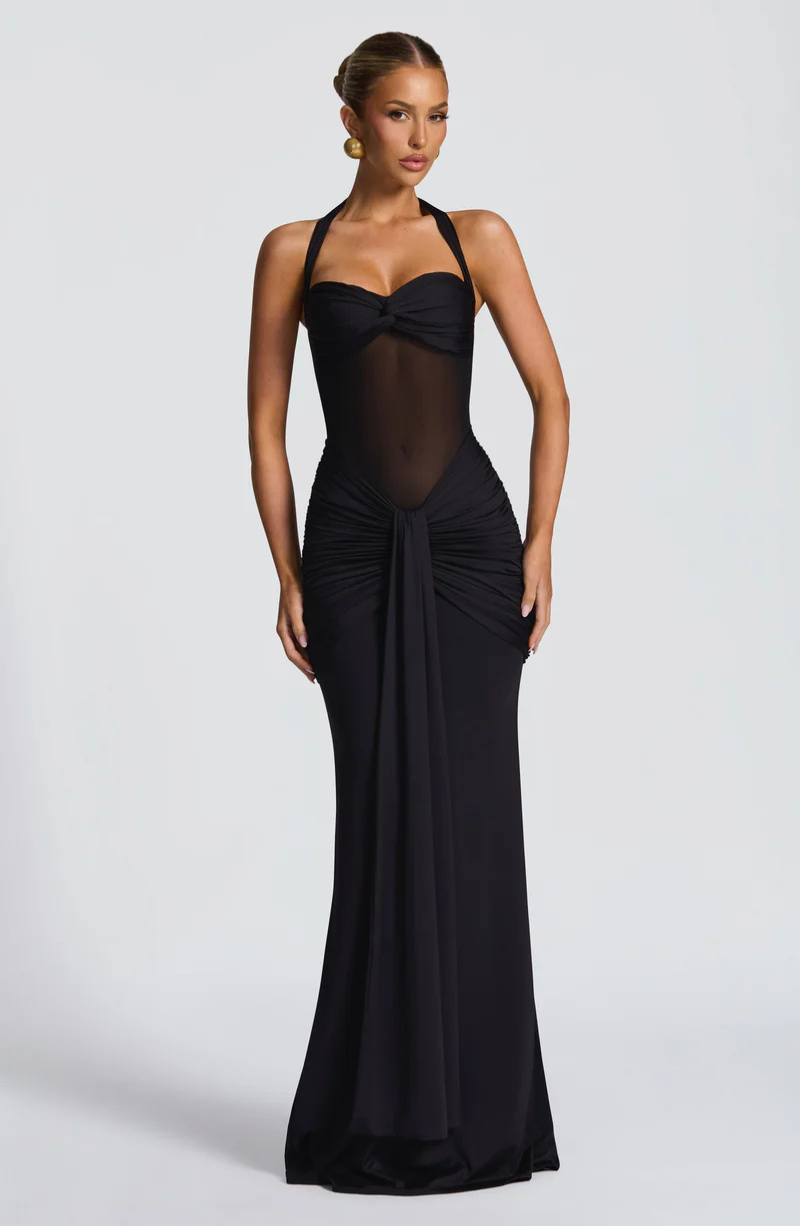 Riley Mesh Halter Ruched Maxi Dress