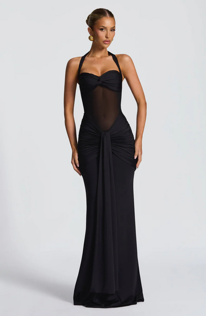 Riley Mesh Halter Ruched Maxi Dress