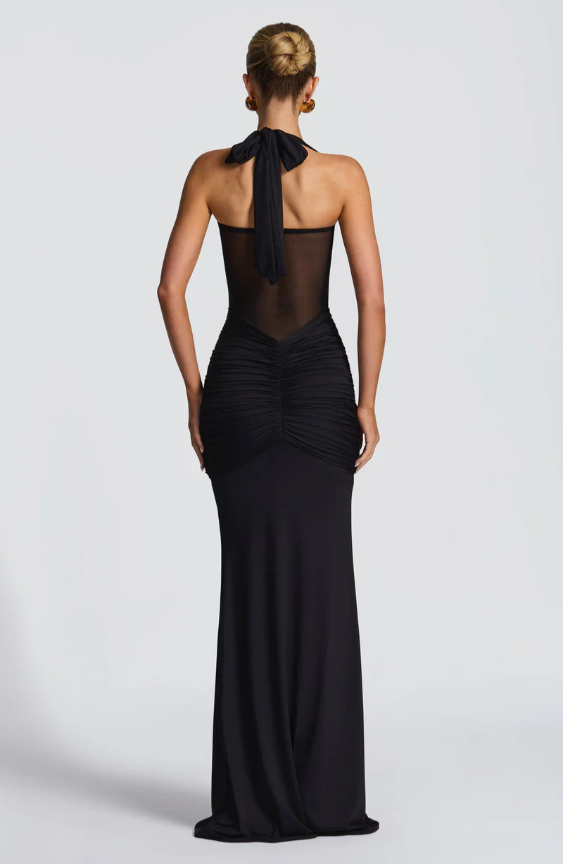 Riley Mesh Halter Ruched Maxi Dress