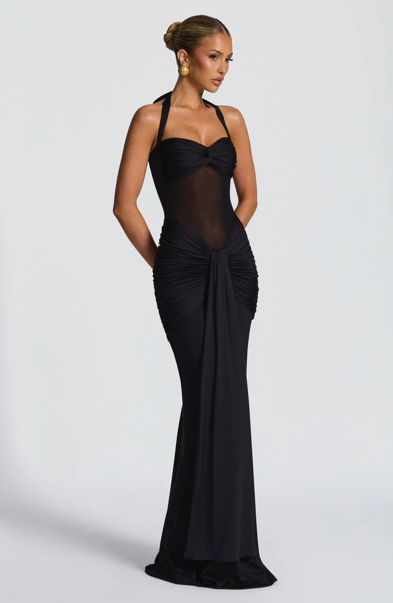 Riley Mesh Halter Ruched Maxi Dress