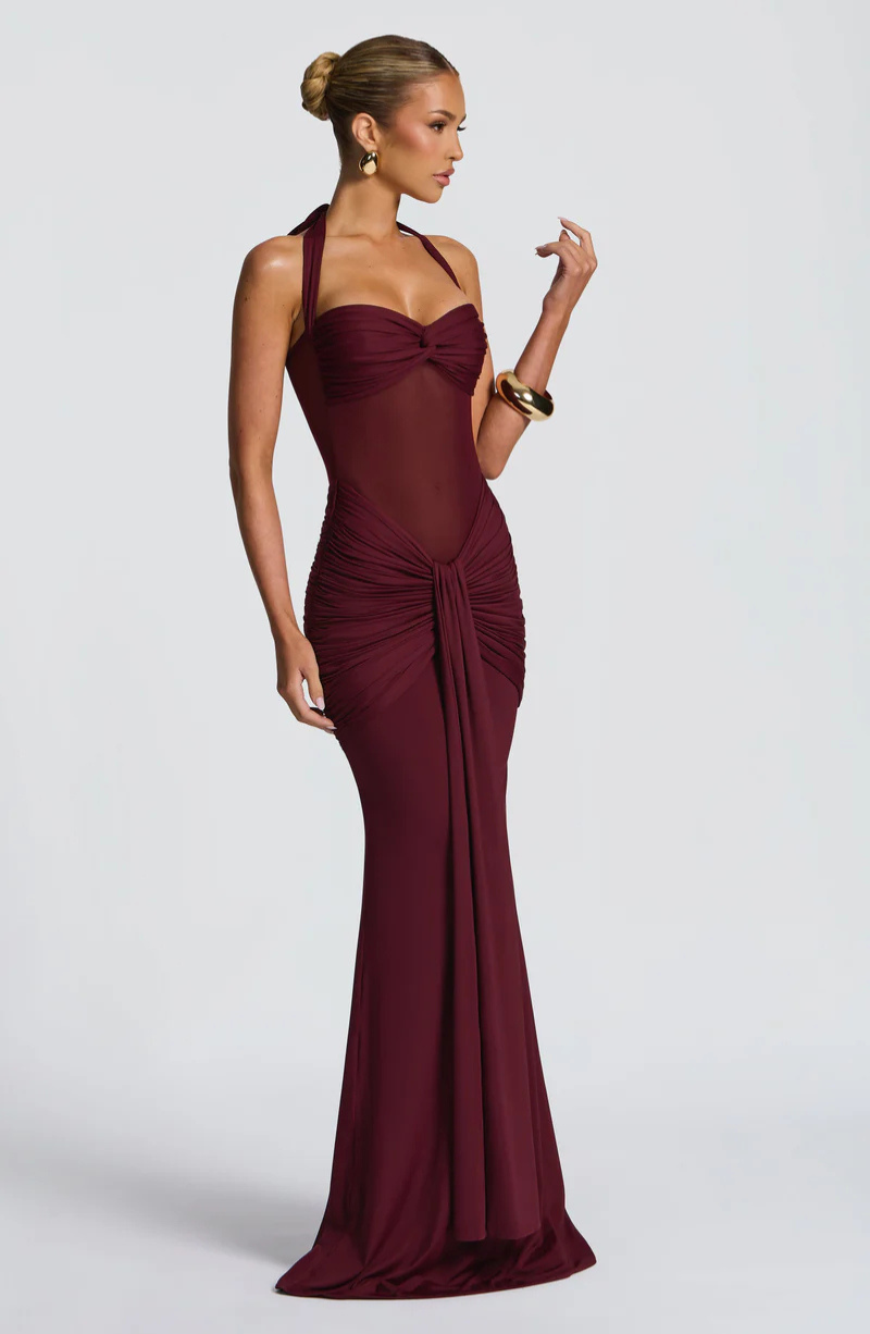 Riley Mesh Halter Ruched Maxi Dress