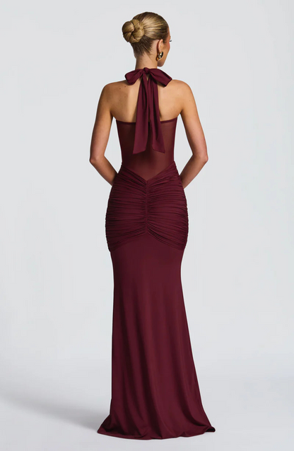 Riley Mesh Halter Ruched Maxi Dress
