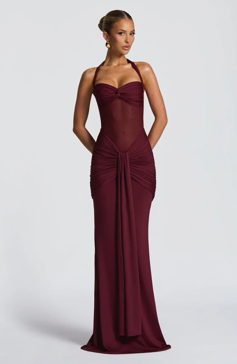 Riley Mesh Halter Ruched Maxi Dress