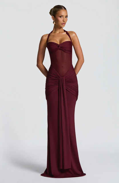 Riley Mesh Halter Ruched Maxi Dress