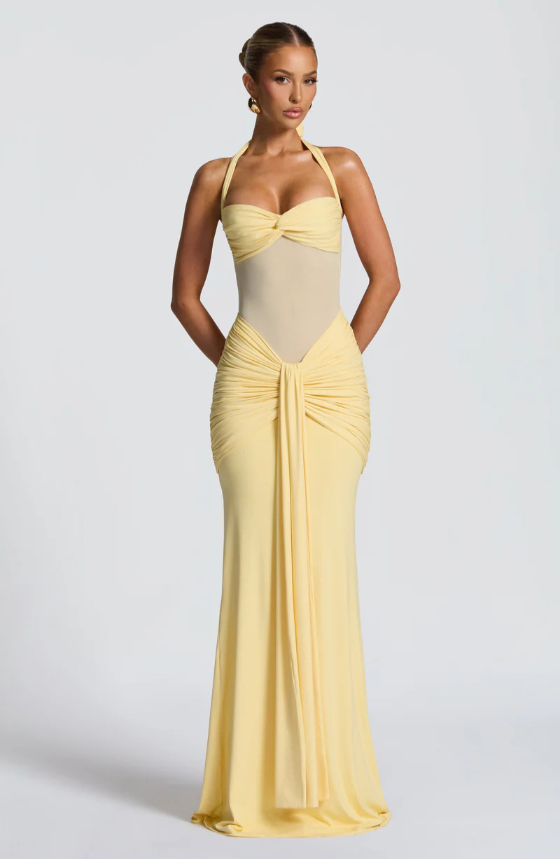 Riley Mesh Halter Ruched Maxi Dress