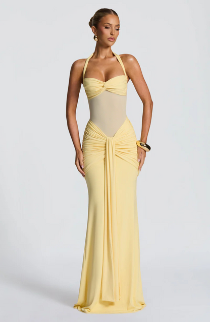 Riley Mesh Halter Ruched Maxi Dress