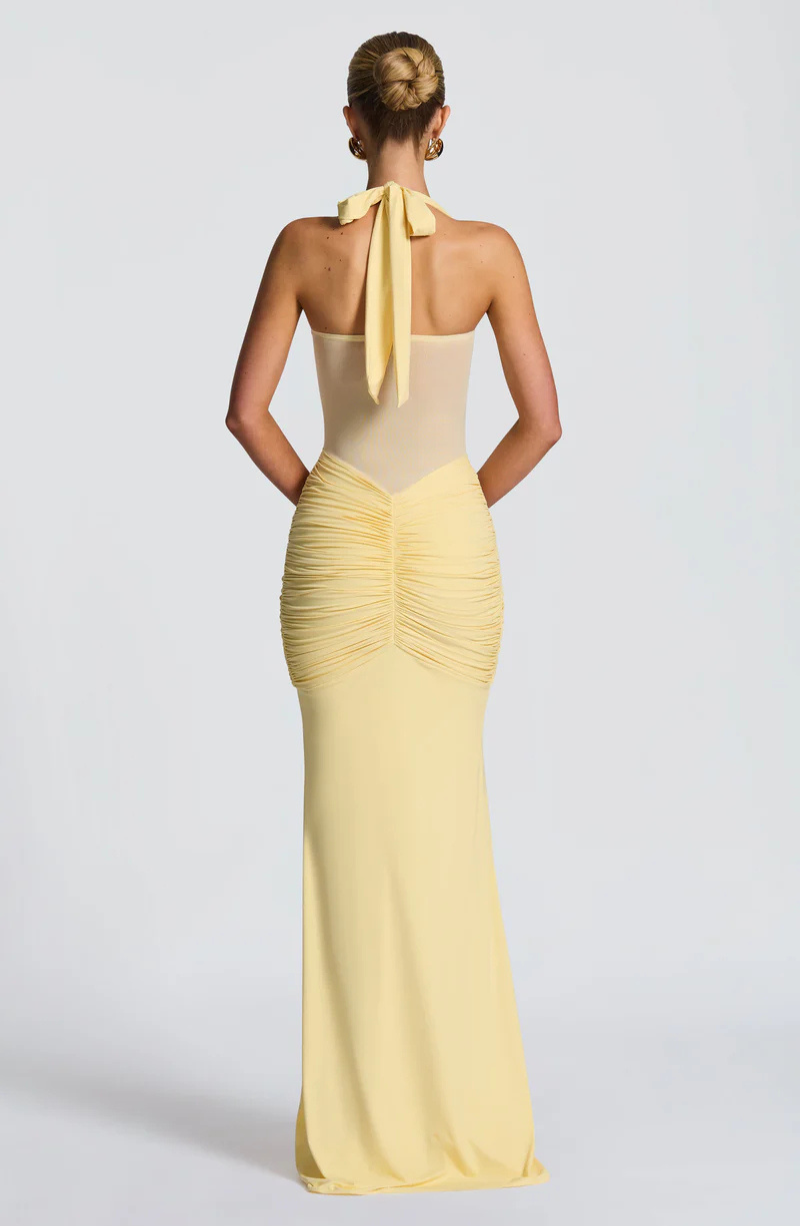 Riley Mesh Halter Ruched Maxi Dress