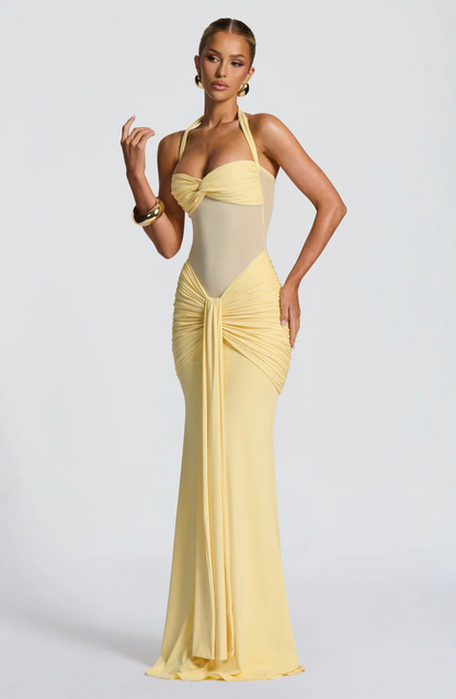 Riley Mesh Halter Ruched Maxi Dress