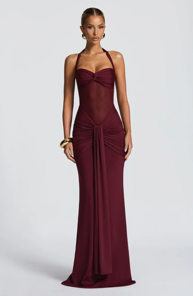 Riley Mesh Halter Ruched Maxi Dress