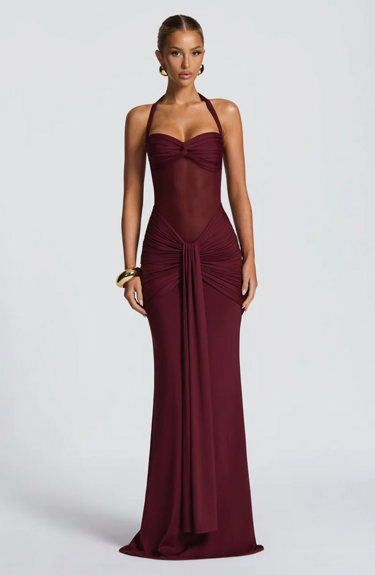 Riley Mesh Halter Ruched Maxi Dress