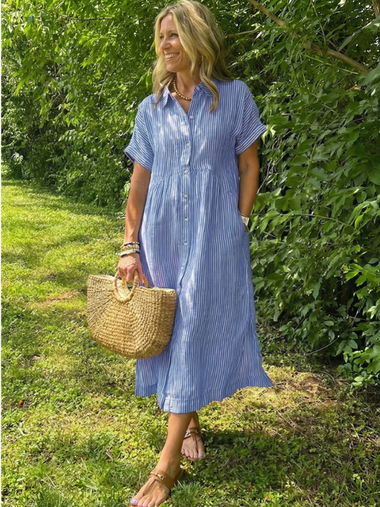 Olivienne | Short Sleeve Button Front Striped Midi Dress