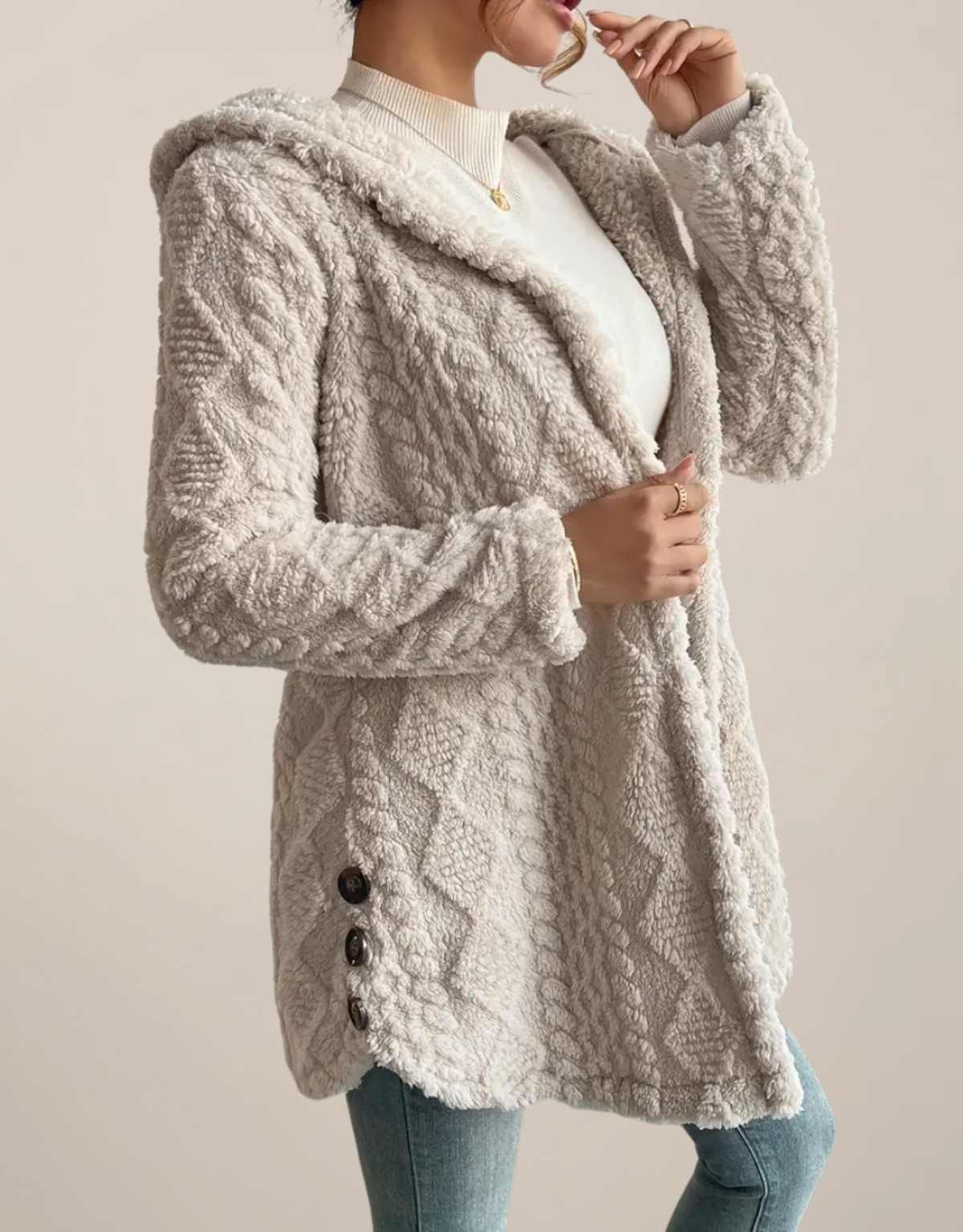 Winnie | Textured Fleece Hooded Cardigan