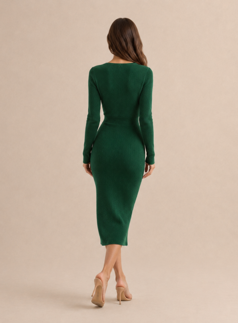 Agnese | Surplice V-Neck Ribbed Knit Bodycon Midi Dress