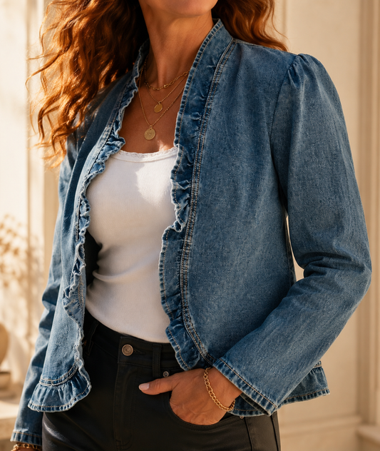 Camille | Ruffle Trim Open Front Denim Jacket