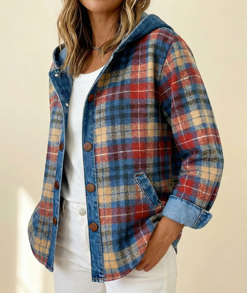 Harlow | Contrast Denim Plaid Hooded Jacket