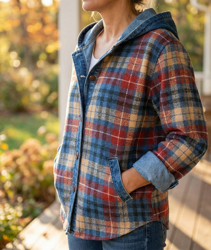 Harlow | Contrast Denim Plaid Hooded Jacket