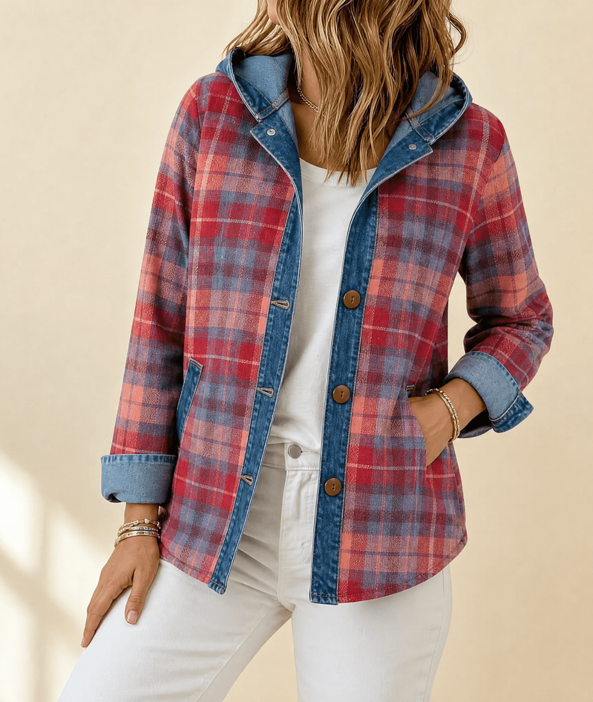 Harlow | Contrast Denim Plaid Hooded Jacket